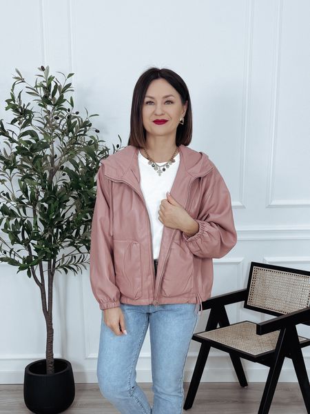 Wiosenna kurtka oversize z miękkiej eko skóry z kapturem brudny róż FABIA