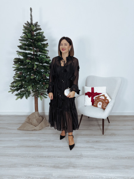 Sukienka premium maxi | kwiaty 3D | 2w1 czarna INIKO