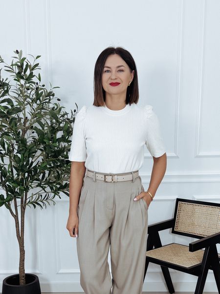 Bluzka basic z bawełny prążek jasny beż LAMIA