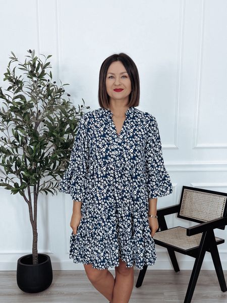 Sukienka z wiskozy granatowa w białe kwiatki ZANILLA