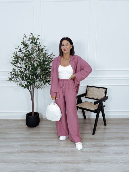 Komplet z wiskozy koszula + spodnie różowy CEDRO