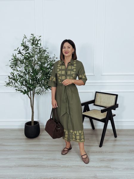 Szmizjerka premium bawełniana w haftowane geometryczne wzory khaki HOLLY