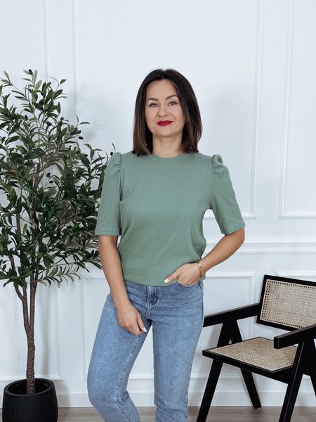 Bluzka basic z bawełny prążek zielona LAMIA