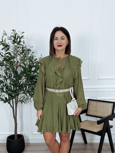 Sukienka z falbankami i paskiem oliwkowa CHARIZA