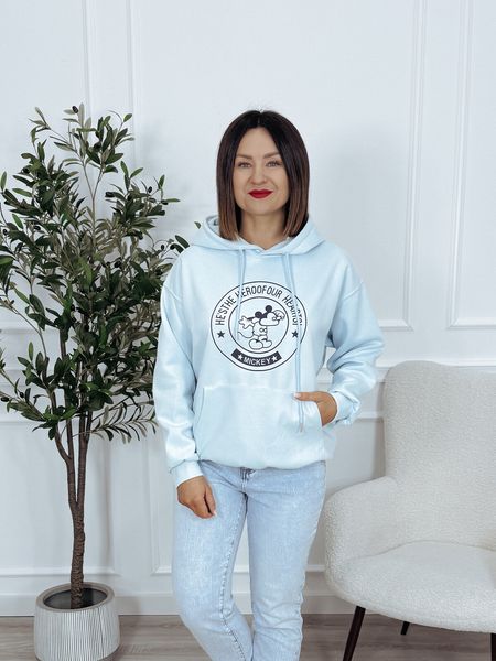 Bluza z kapturem oversize z nadrukiem myszki Miki błękitna MODEO