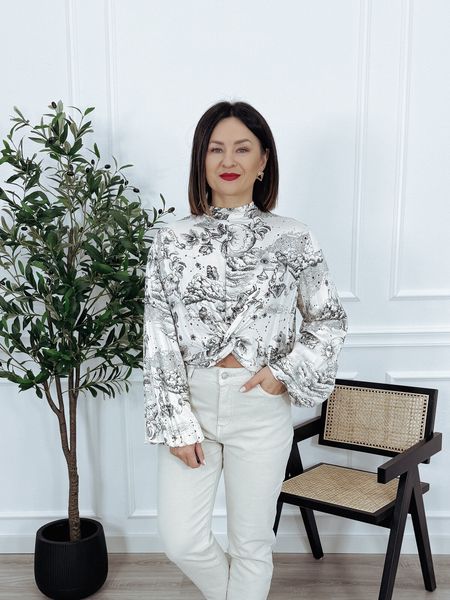 Bluzka z wiskozy z krótszym przodem beżowo-czarna ZURIA