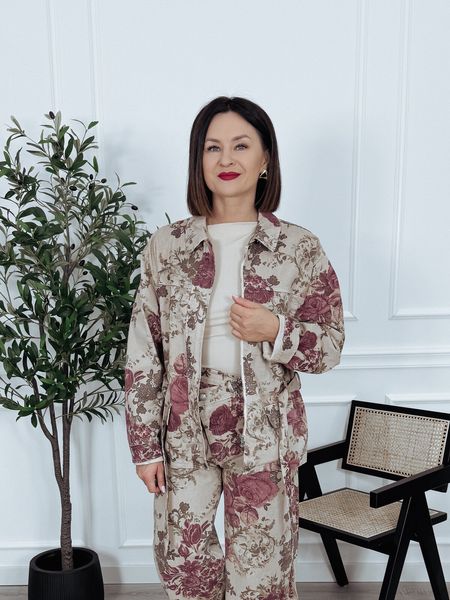 Kurtka premium oversize z bawełny beżowa w róże LIND