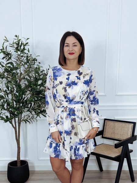 Sukienka krótka beżowa w kobaltowe kwiaty VOUS