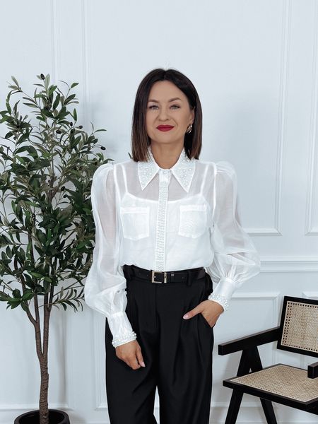 Elegancka koszula mgiełka z perłami 2w1 biała IRINA