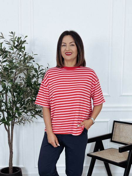 T-shirt w paski oversize czerwono-różowy SOLEIL