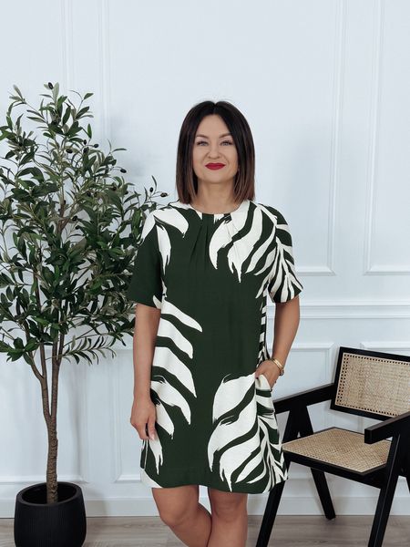 Sukienka zielona w bezowe liście ALANTI