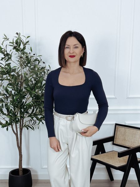 Body z długim rękawem | kwadratowy dekolt | granatowe SELVI