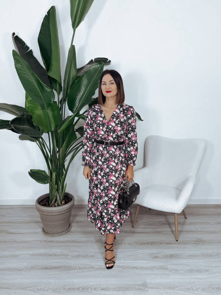 Sukienka czarna w listka i różowe kwiaty MAZARA