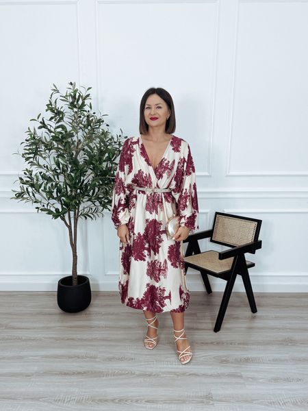 Sukienka maxi | większy standard | wiskoza i jedwab beżowo-bordowa ADDY