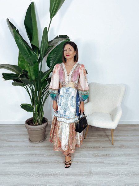 Sukienka maxi z długim rękawem multikolor + złoto ROMANI