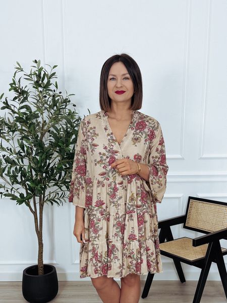 Sukienka zapinana na guziki beżowa w róże LACE