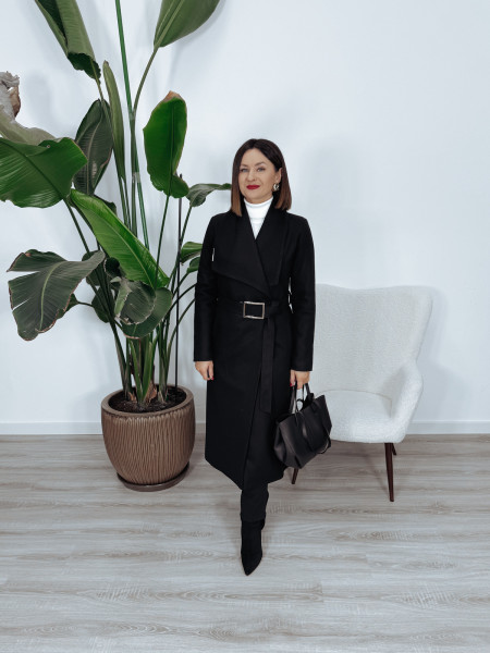 Długi płaszcz premium 50% wełna | ocieplany | z paskiem czarny MELANIA