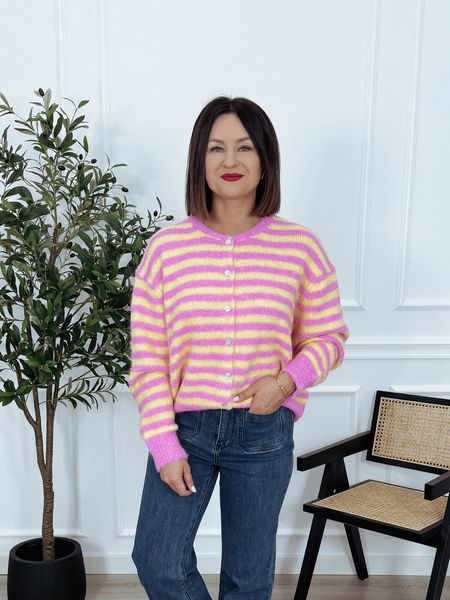 Kardigan w romby z wełną różowo-żółte paski FREDDY