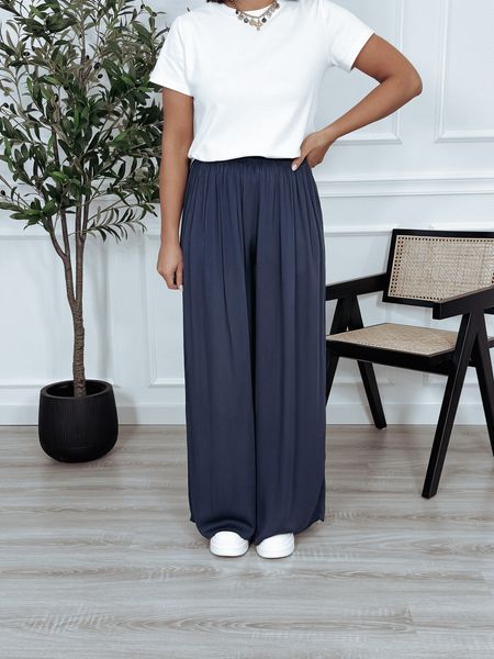 Szerokie spodnie z wiskozy granat OLIVIA