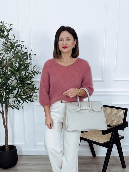 Sweter premium | 80% kid moher | dekolt w serek różowy PAOLO