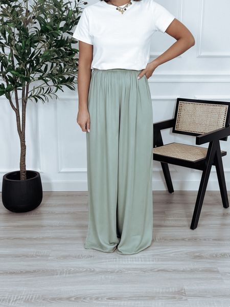 Szerokie spodnie z wiskozy pistacja OLIVIA