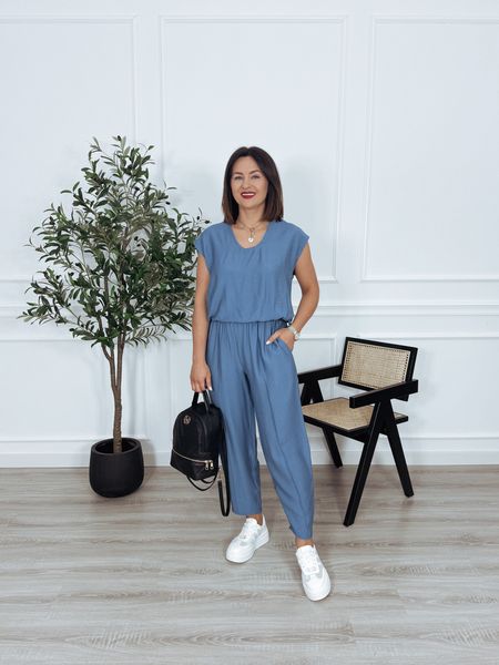 Komplet bluzka bez rękawów + spodnie balloony jasny niebieski BAROZZI