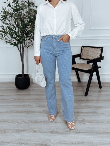 Jeansy wide leg w cyrkonie niebieskie ANABEL