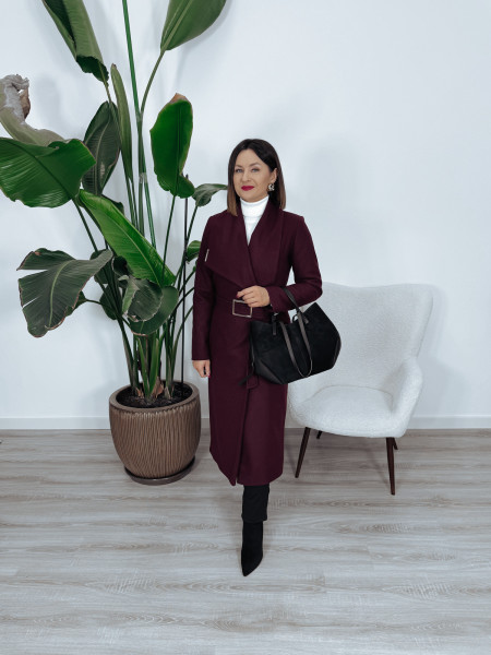 Długi płaszcz premium 50% wełna | ocieplany | z paskiem bordowy MELANIA