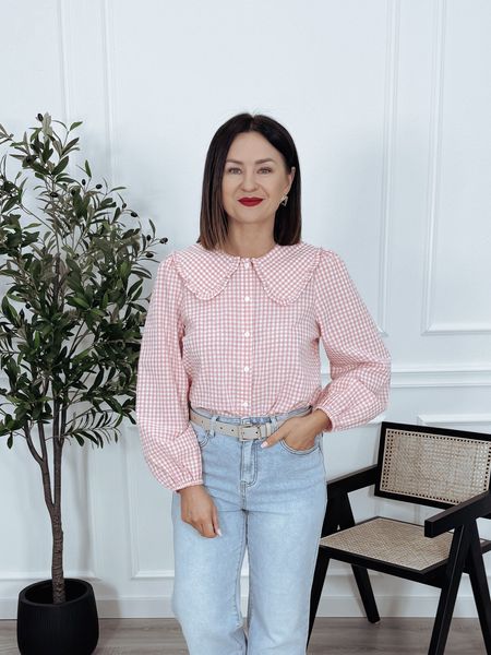 Bluzka z dużym kołnierzem w kratkę łososiowa NENA