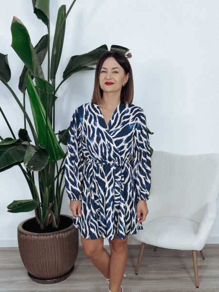 Sukienka z wiązaniem w pasie granatowo-beżowa ONLY