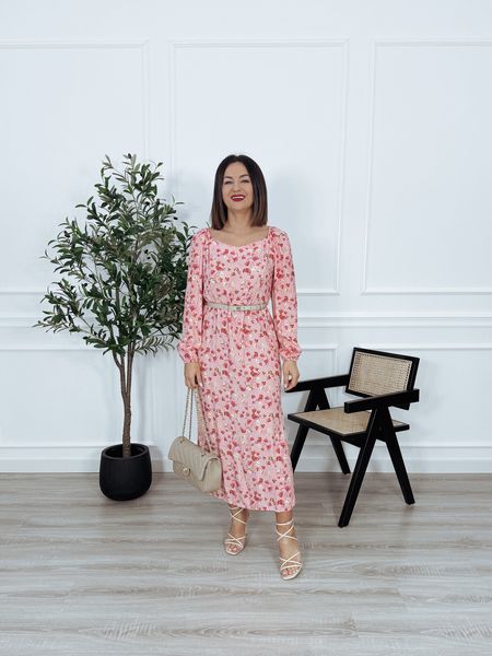 Sukienka z długim rękawem i paskiem różowa KONA