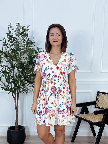 Sukienka krótka kremowa w tęczowe kwiaty HANNA