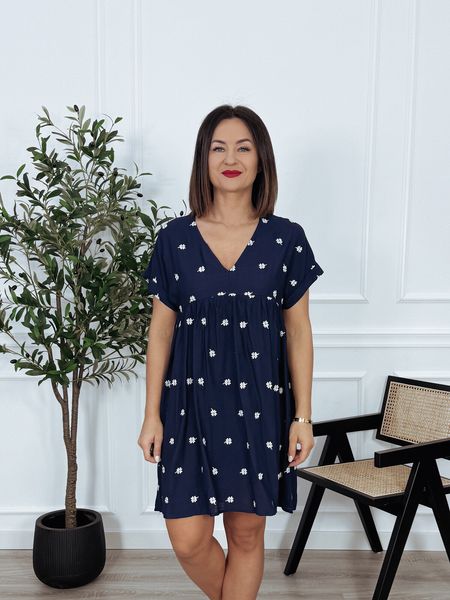 Sukienka krótka granatowa w haftowane beżowe kwiatki ALSO