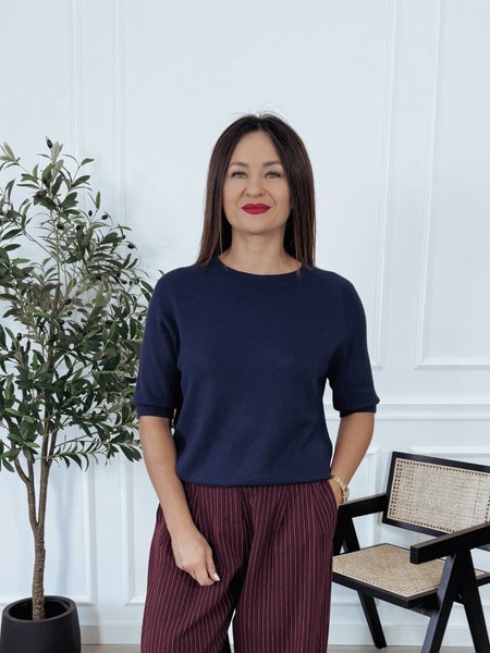 Sweter z rękawem do łokcia z wiskozą granatowy AMELIA