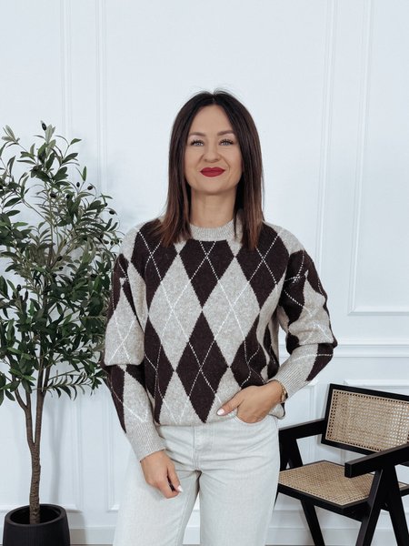 Sweter oversize w romby czekoladowo-beżowe MOOR
