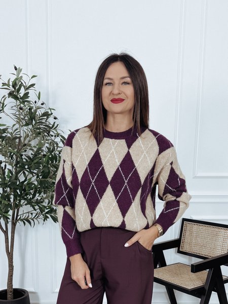 Sweter oversize w romby beżowo-śliwkowe MOOR