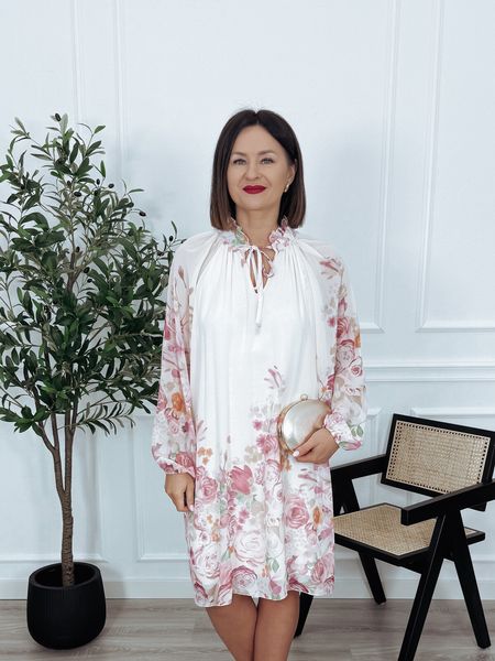 Sukienka PLUS SIZE kremowa w różowe kwiaty ALANYA