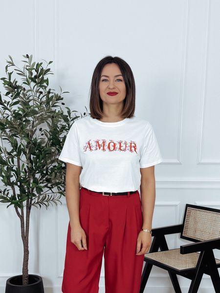 T-shirt bawełniany z haftem biały AMOUR