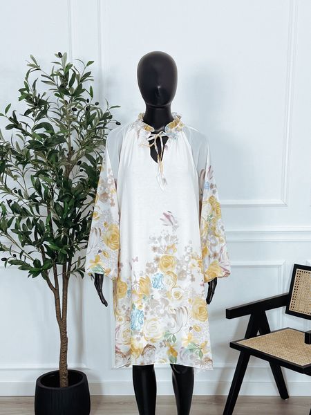 Sukienka PLUS SIZE kremowa w żółte kwiaty ALANYA