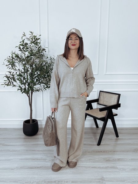 Komplet dzianinowy rozpinana bluza z kapturem + spodnie beżowy HEST
