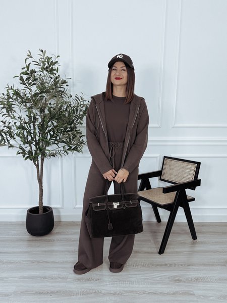 Komplet dzianinowy rozpinana bluza z kapturem + spodnie czekoladowy HEST
