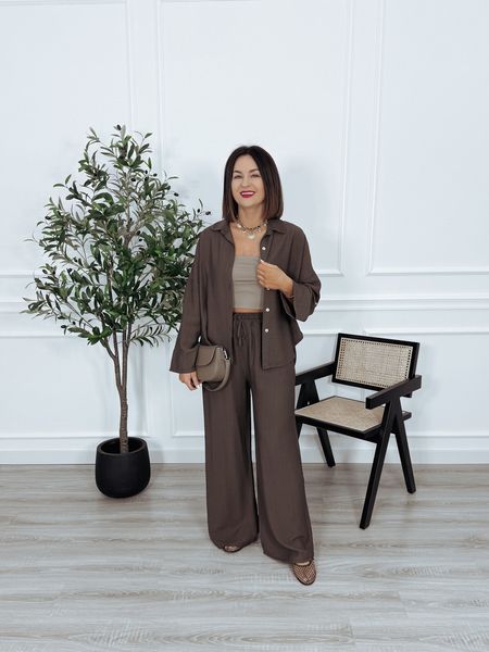 Komplet z wiskozy koszula + spodnie czekoladowy CEDRO