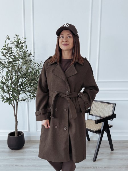 Płaszcz premium z bawełny i wiskozy z paskiem brązowy BORA