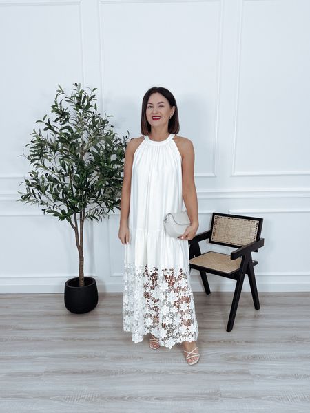 Sukienka z gipiurą u dołu kremowa MAEVA