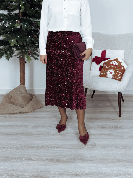 Spódnica midi cekiny na welurze bordowa LAURA
