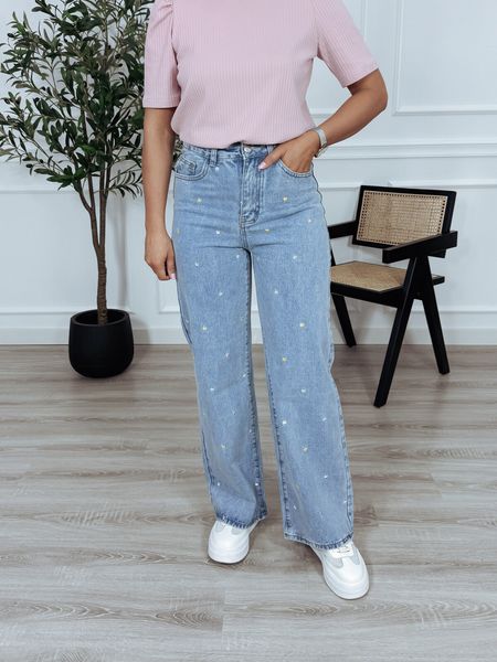 Jeansy wild leg w haftowane kwiaty BODRUM