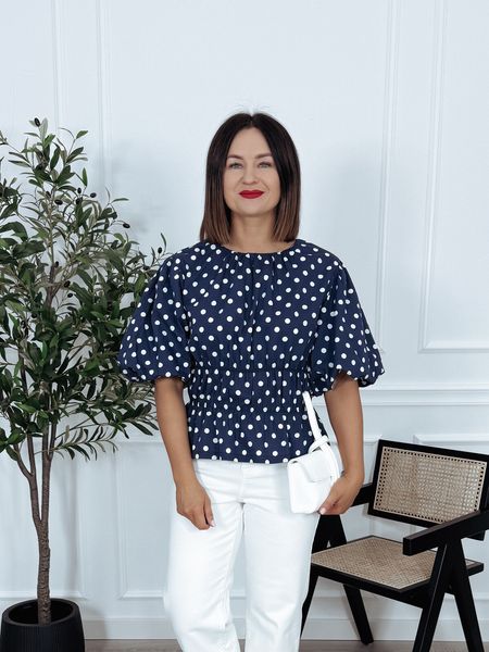 Bluzka w groszki z bufiastymi rękawami z bawełny granatowa PISELLA