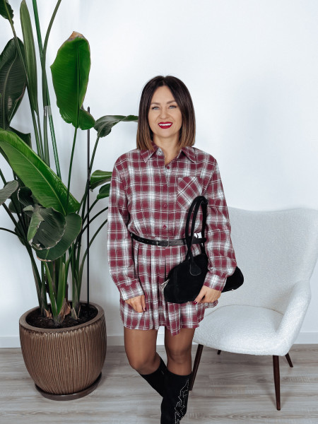 Sukienka krótka w kratkę z paskiem bordowa PINKA