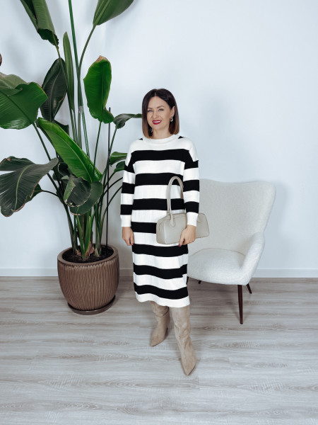 Sukienka długa dzianinowa w paski beżowo-czarne FAYDE