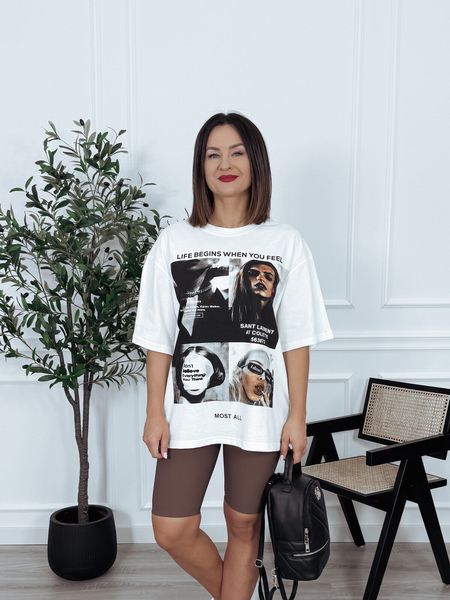T-shirt oversize bawełniany z nadrukiem biały LIFE